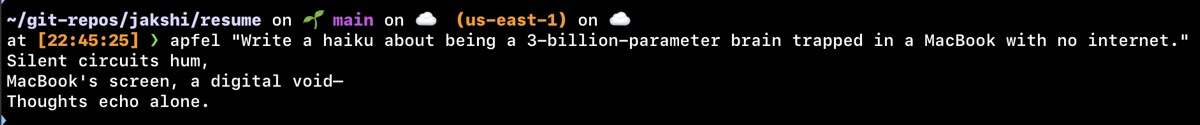 apfel writing a haiku, fully offline
