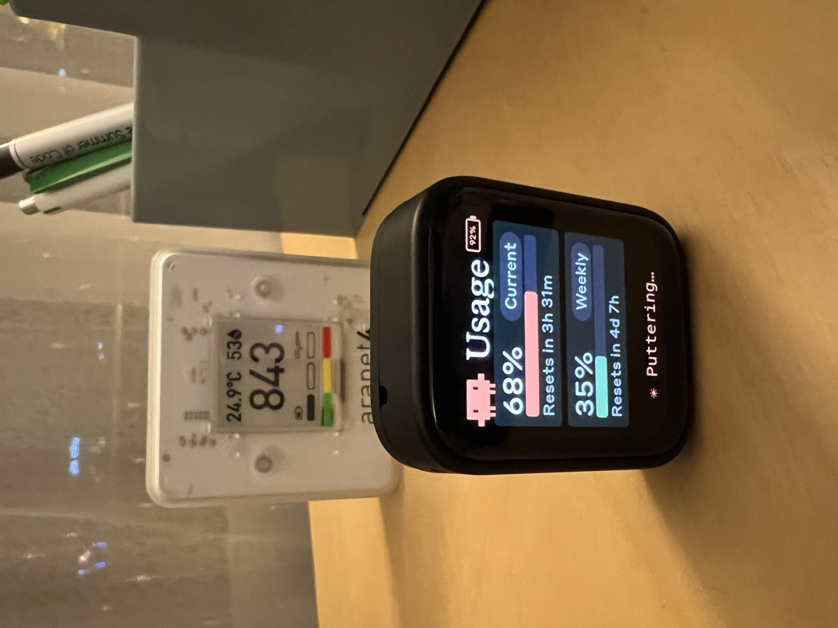 ESP32-S3 AMOLED board showing Claude Code current and weekly usage