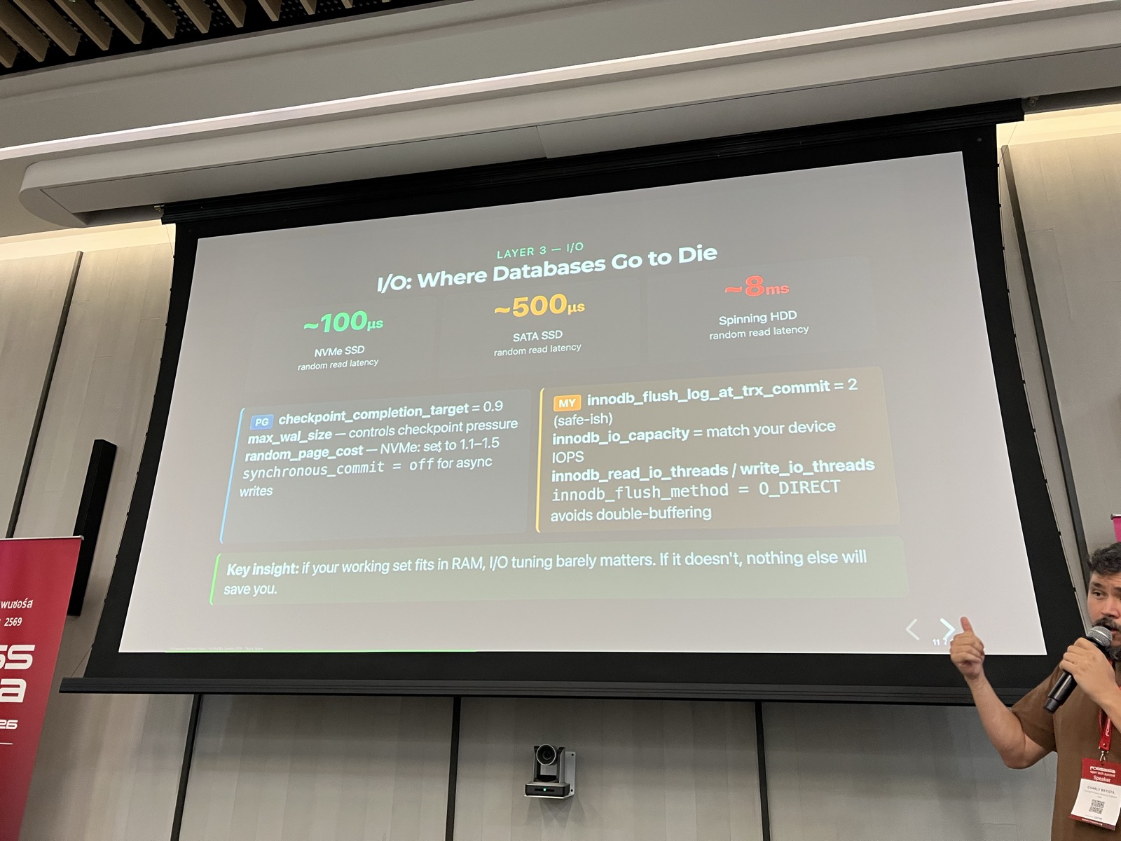 Charly Batista presenting “I/O: Where Databases Go to Die” slide at FOSS Asia 2026